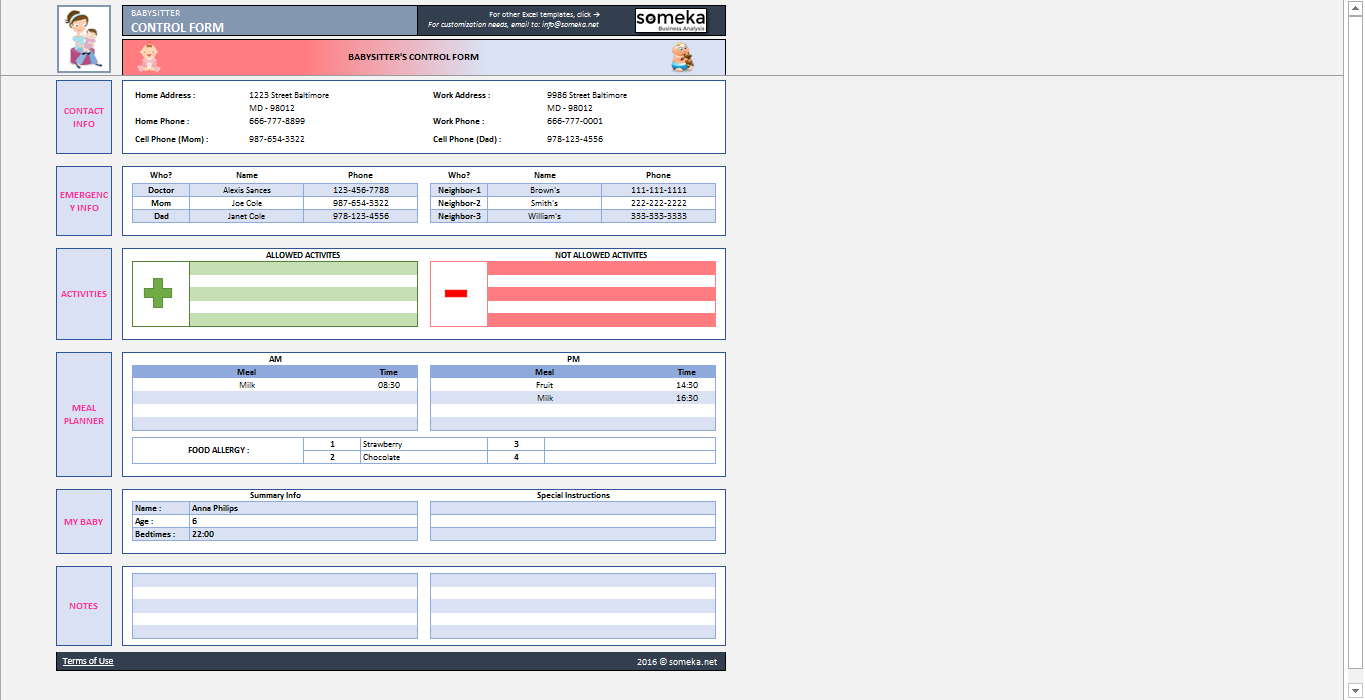 baby information sheet for babysitter printable excel form