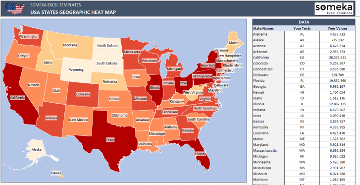 USA Geographic Heat Map Generator - Excel Template - Someka SS1