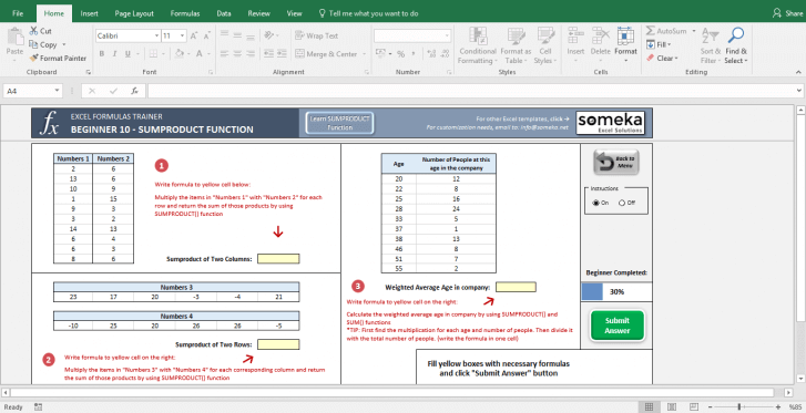 Excel Test - Interactive Excel Training with Questions - Template Screenshot Image 2 - Someka