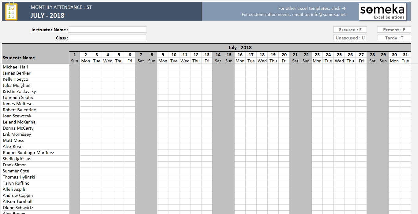 attendance sheet printable excel template free download