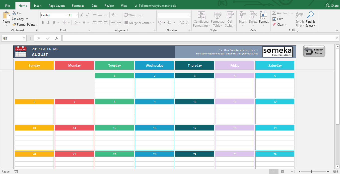 Excel 2017 Calendar