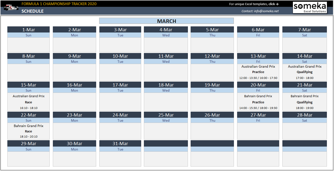 Formula 1 Championship Tracker 2020 Formula One Schedule In Excel