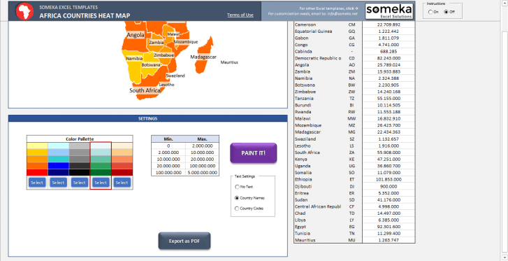 Africa Geographic Heat Map Generator - Someka SS12