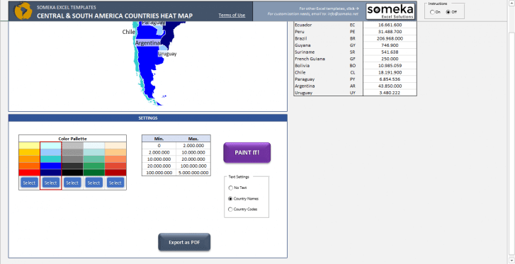 Central & South America Geographic Heat Map Generator - Someka SS12