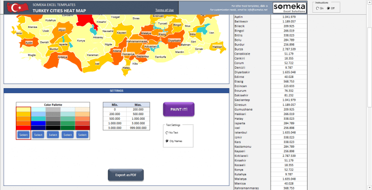 Turkey Geographic Heat Map Generator - Someka SS12