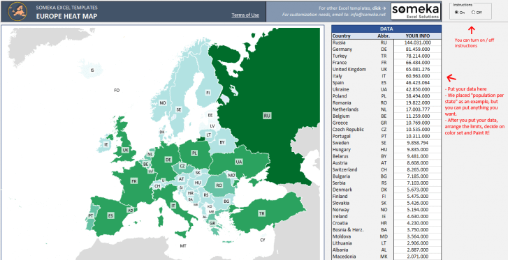 Europe Countries Heat Map - SS2 - Someka Excel Templates