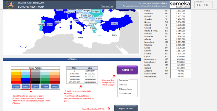 Europe Countries Heat Map - SS3 - Someka Excel Templates