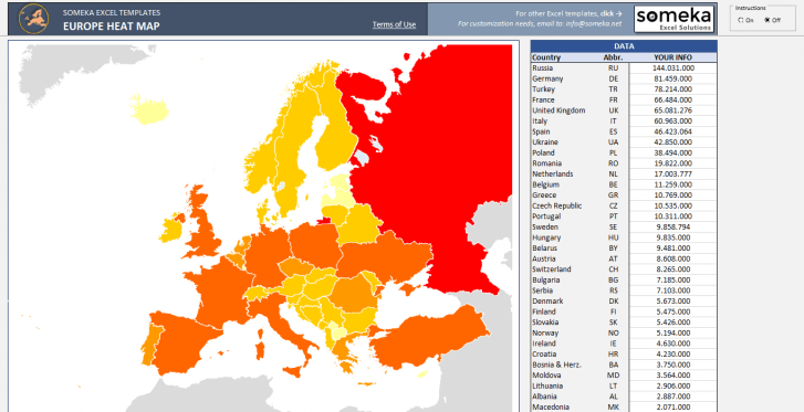 Europe Countries Heat Map - SS4 - Someka Excel Templates