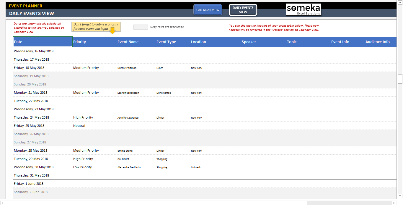 Dynamic Event Calendar Template Interactive Excel Calendar