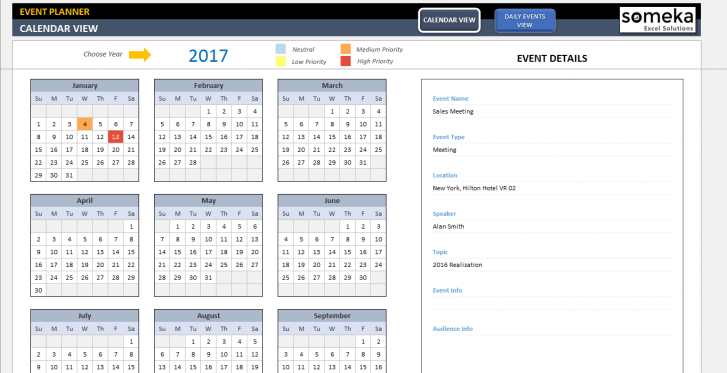 Dynamic Event Calendar - SS1 - Someka Excel Templates