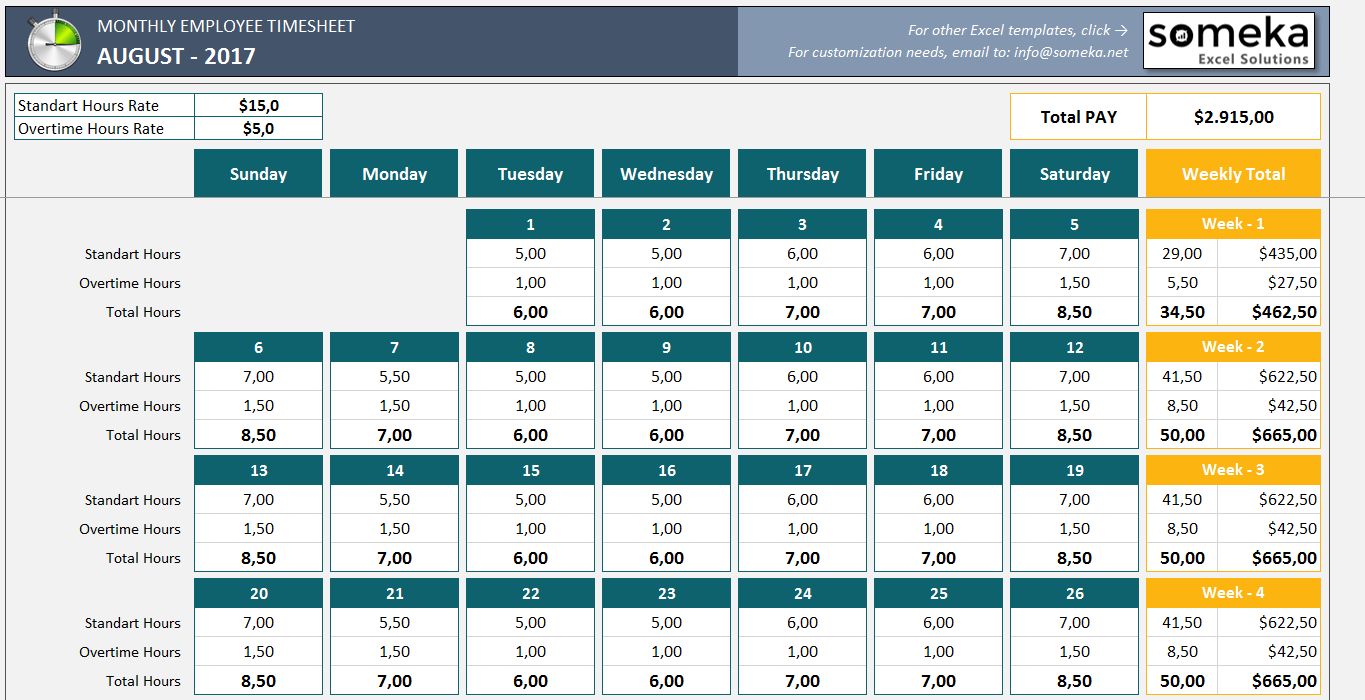 Monthly Employee Timesheet for 2017 - Free and Printable Excel Template