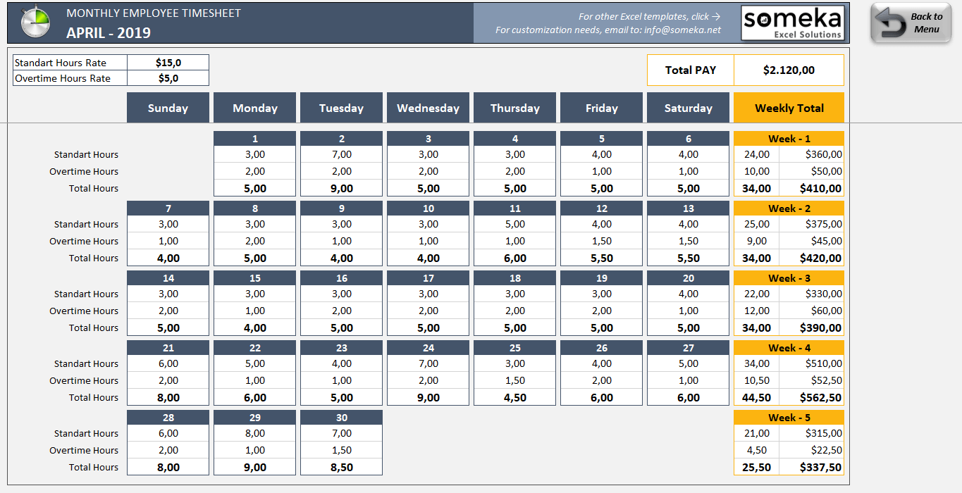 Monthly Employee Timesheet Template - Free Excel Timesheet ...