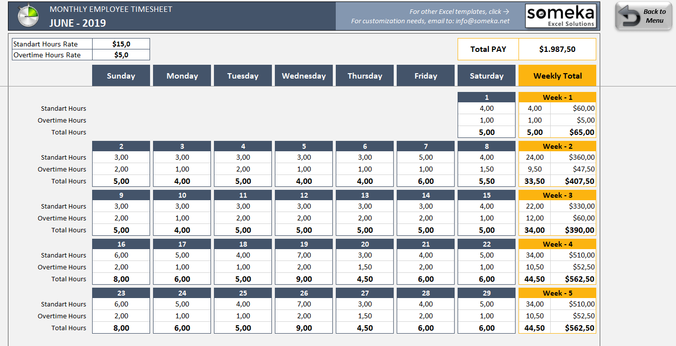 Monthly Employee Timesheet - Free and Printable Excel Template