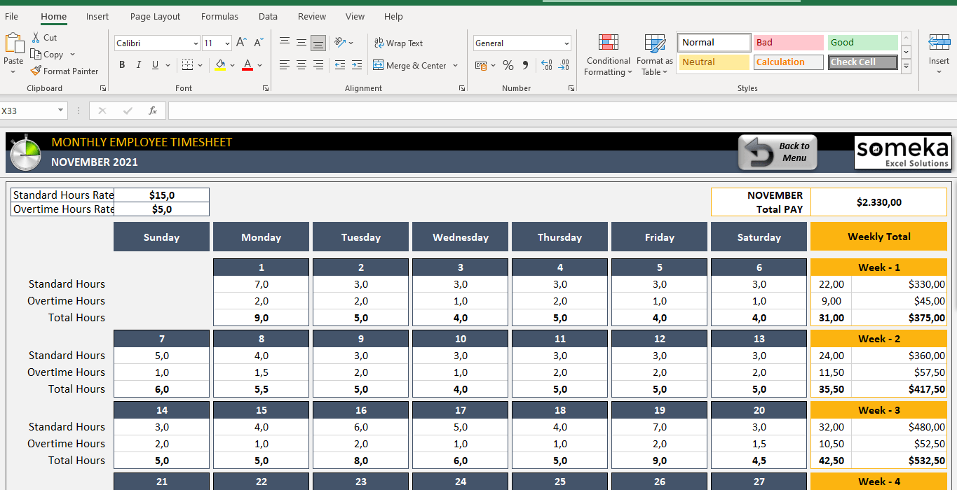 Timesheet Calendar Excel Template 2022 | Monthly Timesheet