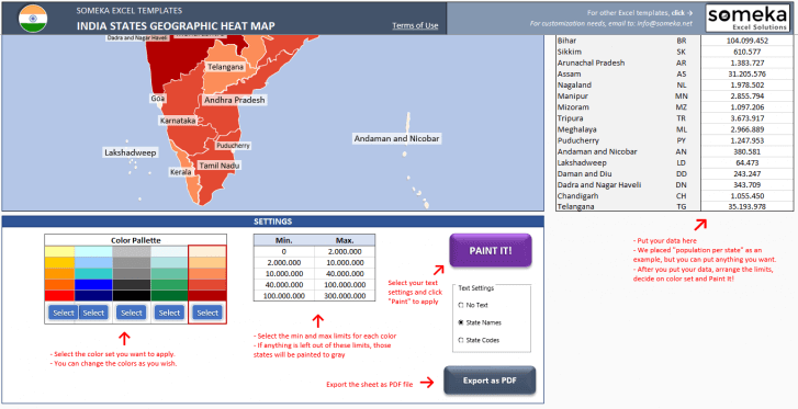 India Geographic Heat Map Generator - Excel Template - Someka SS3