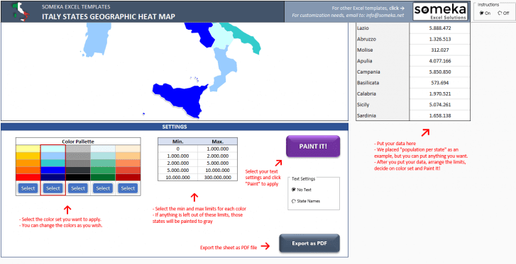 Italy Heat Map Generator - Excel Template - Someka SS3