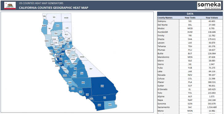 US California County Heat Map Generator - Excel Template - Someka SS2