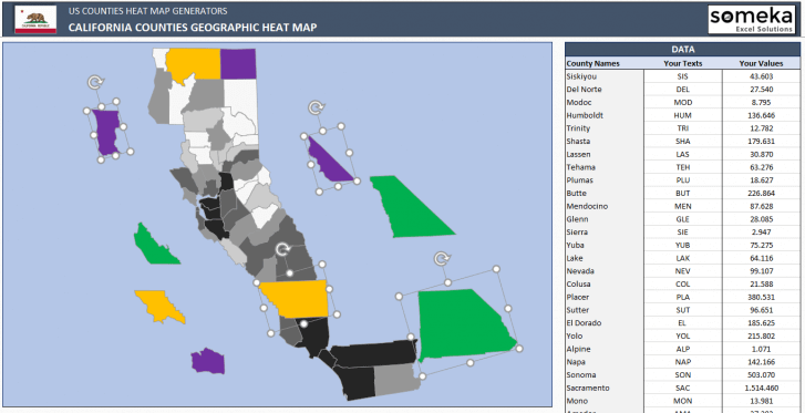 US California County Heat Map Generator - Excel Template - Someka SS3