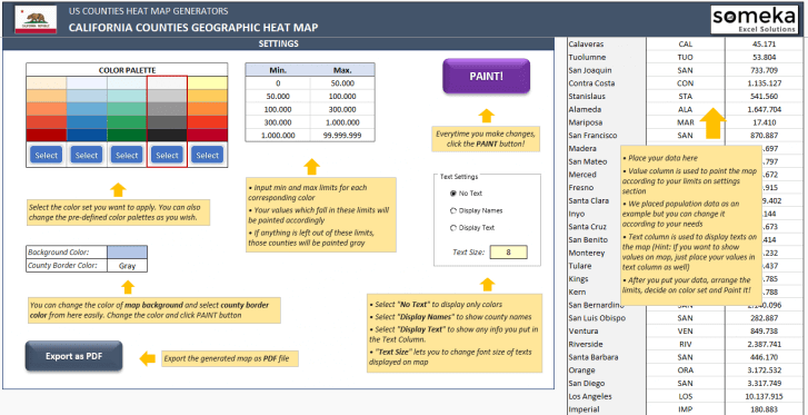 US California County Heat Map Generator - Excel Template - Someka SS4