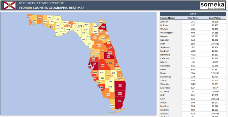 US Florida County Heat Map Generator - Excel Template - Someka SS6