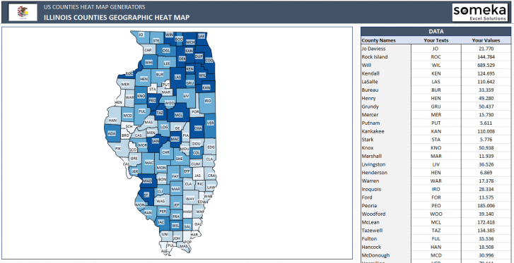 US Illinois County Heat Map Generator - Excel Template - Someka SS8