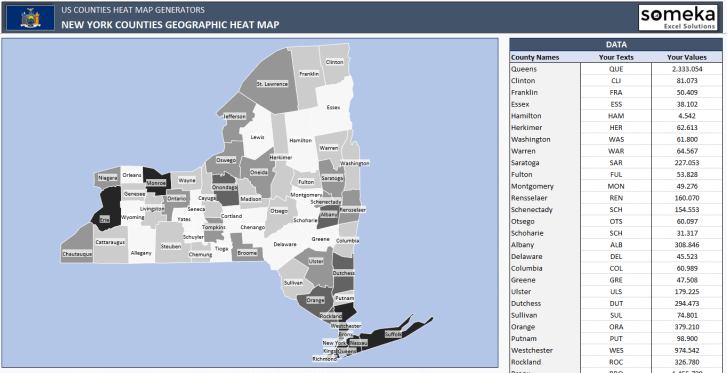 US New York County Heat Map Generator - Excel Template - Someka SS7