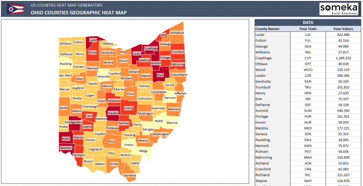 US Ohio County Heat Map Generator - Excel Template - Someka SS10