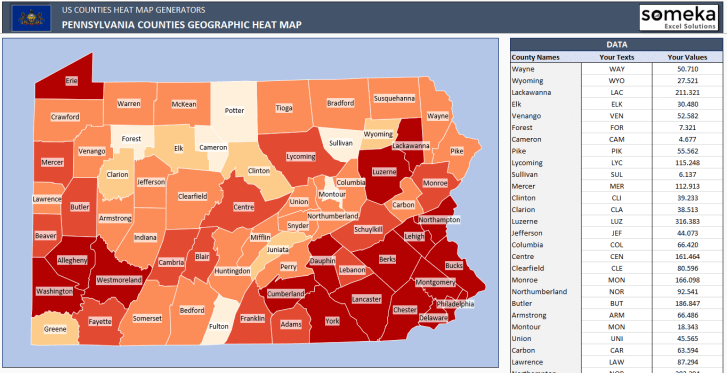 US Pennsylvania County Heat Map Generator - Excel Template - Someka SS9