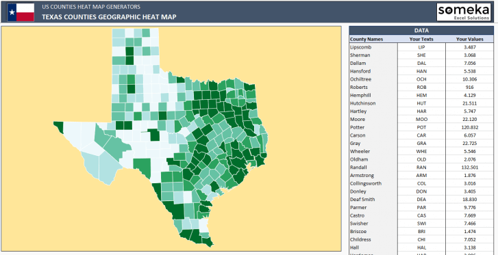 US Texas County Heat Map Generator - Excel Template - Someka SS5