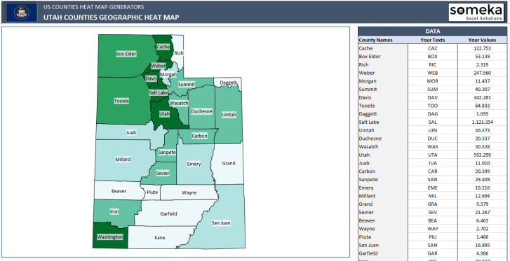 US Utah County Heat Map Generator - Excel Template - Someka SS11