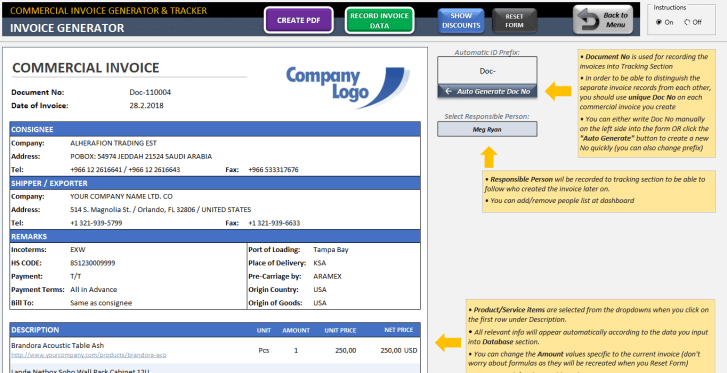 Excel Commercial Invoice Template - Someka SS02