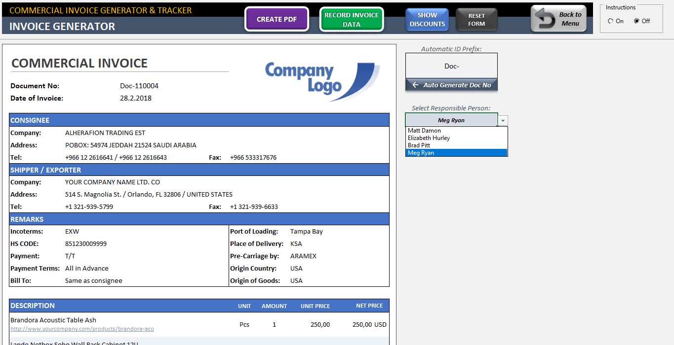 commercial invoice template excel invoice generator tracker tool