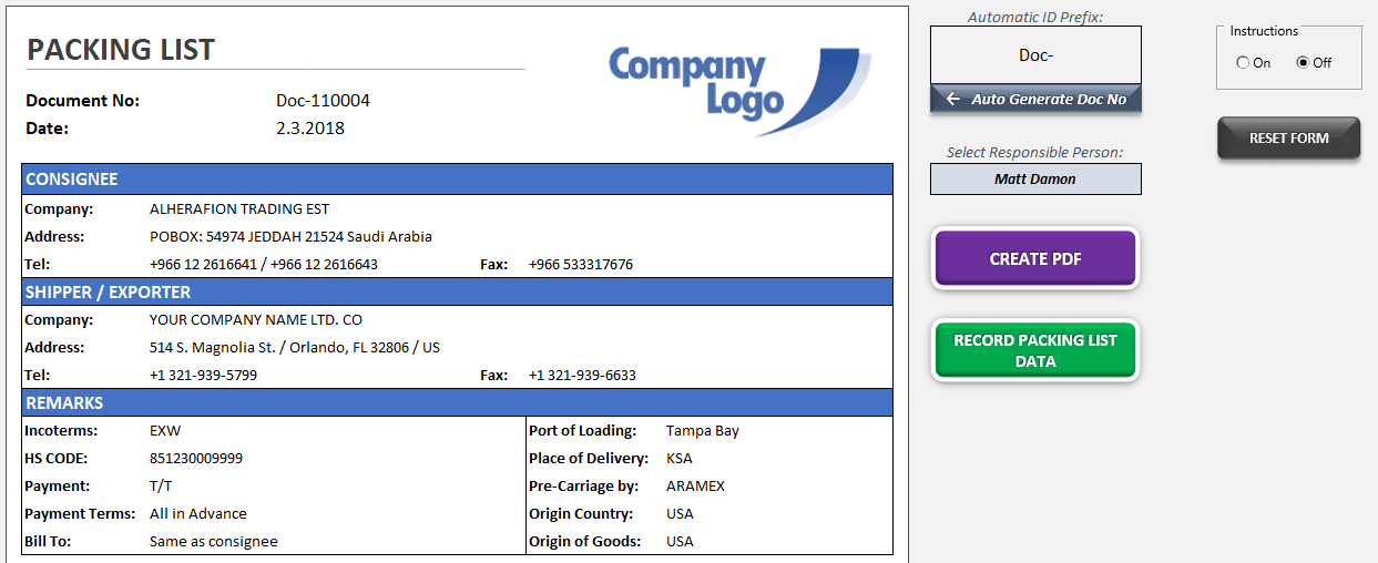 packing list excel