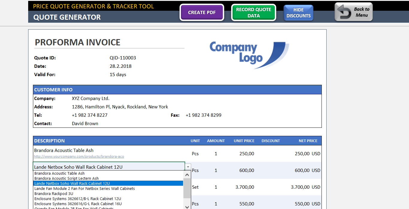 price quote template excel proforma invoice generator tracker tool