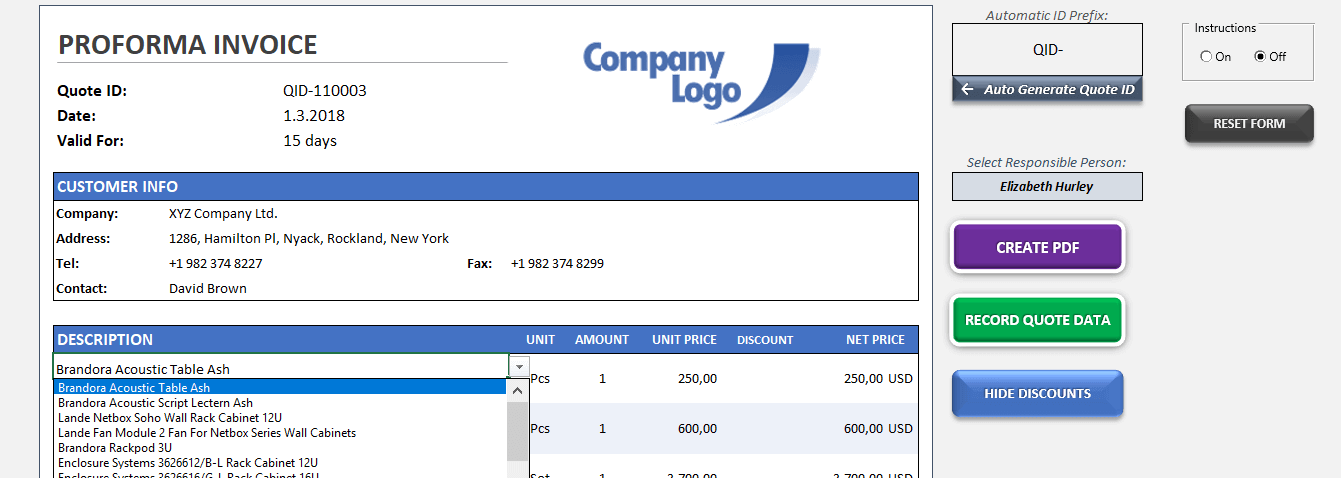 Excel Quote Template - Proforma Invoice Generator