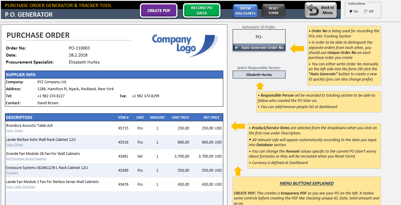 Purchase Order Generator And Tracker Excel Template 2023 Template
