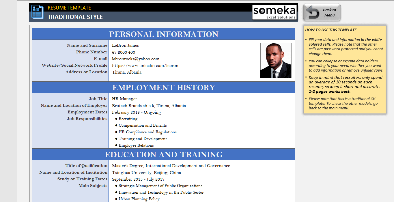 Excel Resume Template Free Download CV Formats In Excel