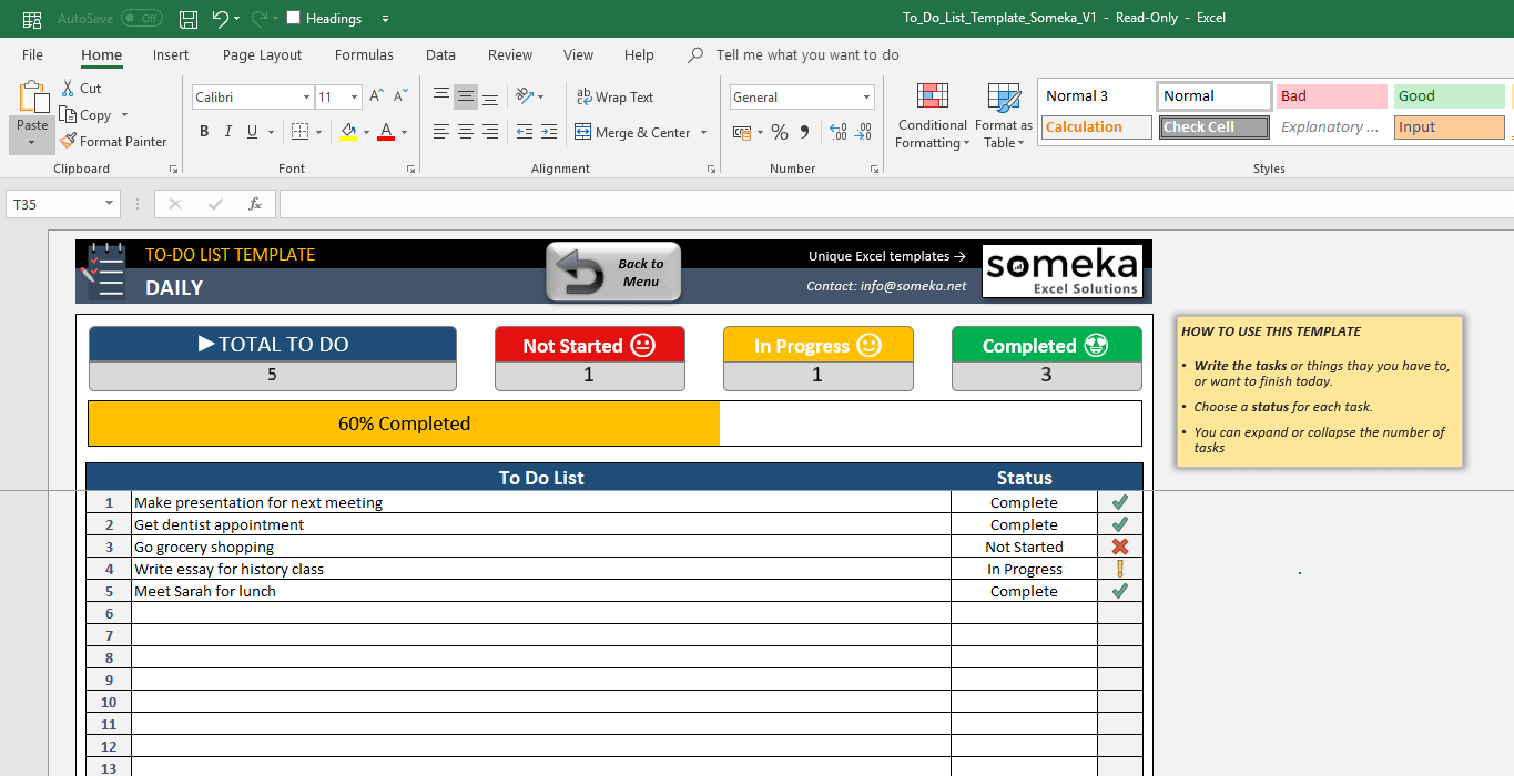 excel tasks template