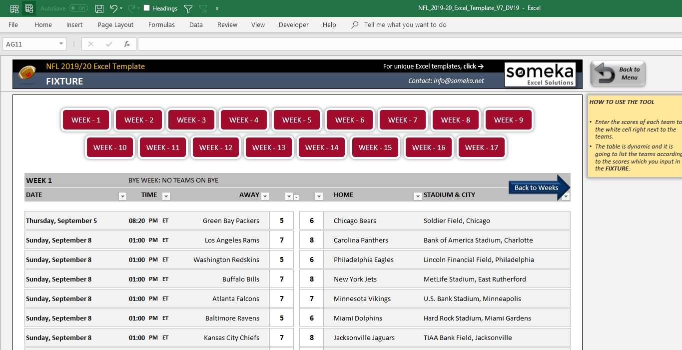 Nfl 2019 2020 Excel Template Track Nfl Schedule Standings In Excel