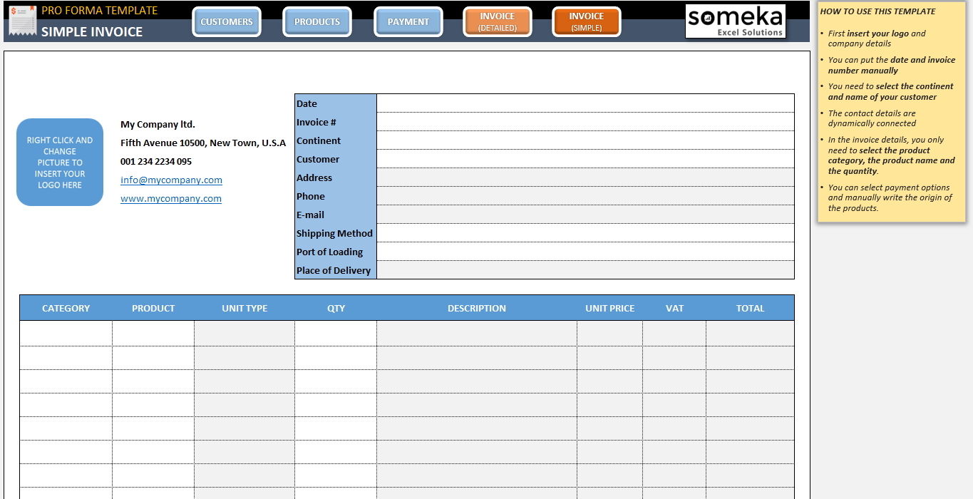 Proforma Invoice Template  Printable Excel Invoice Template Pertaining To Invoice Template In Excel 2007