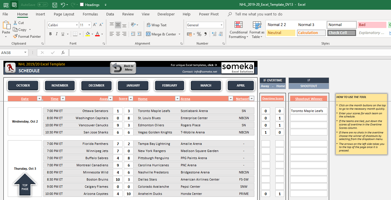 Nhl 2019 2020 Excel Template Nhl Schedule Standings Playoffs 2019