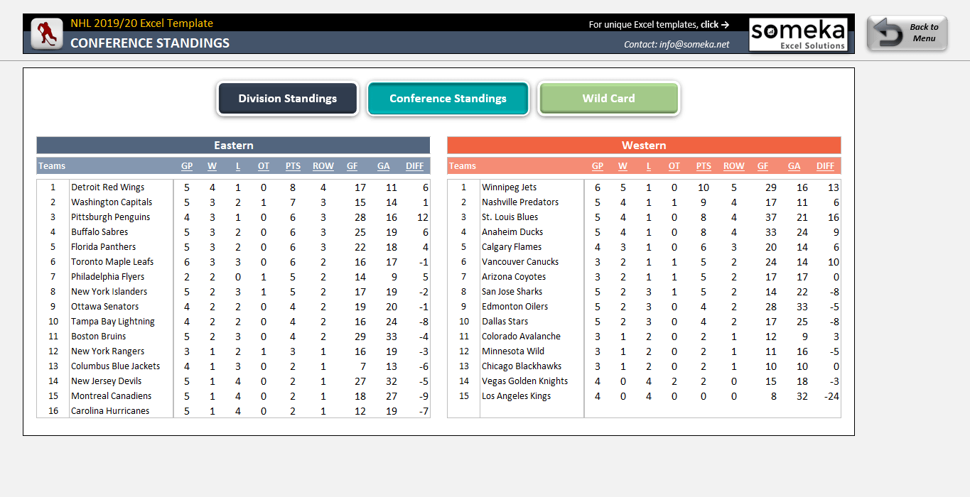 NHL 20192020 Excel Template NHL Schedule, Standings, Playoffs 2019