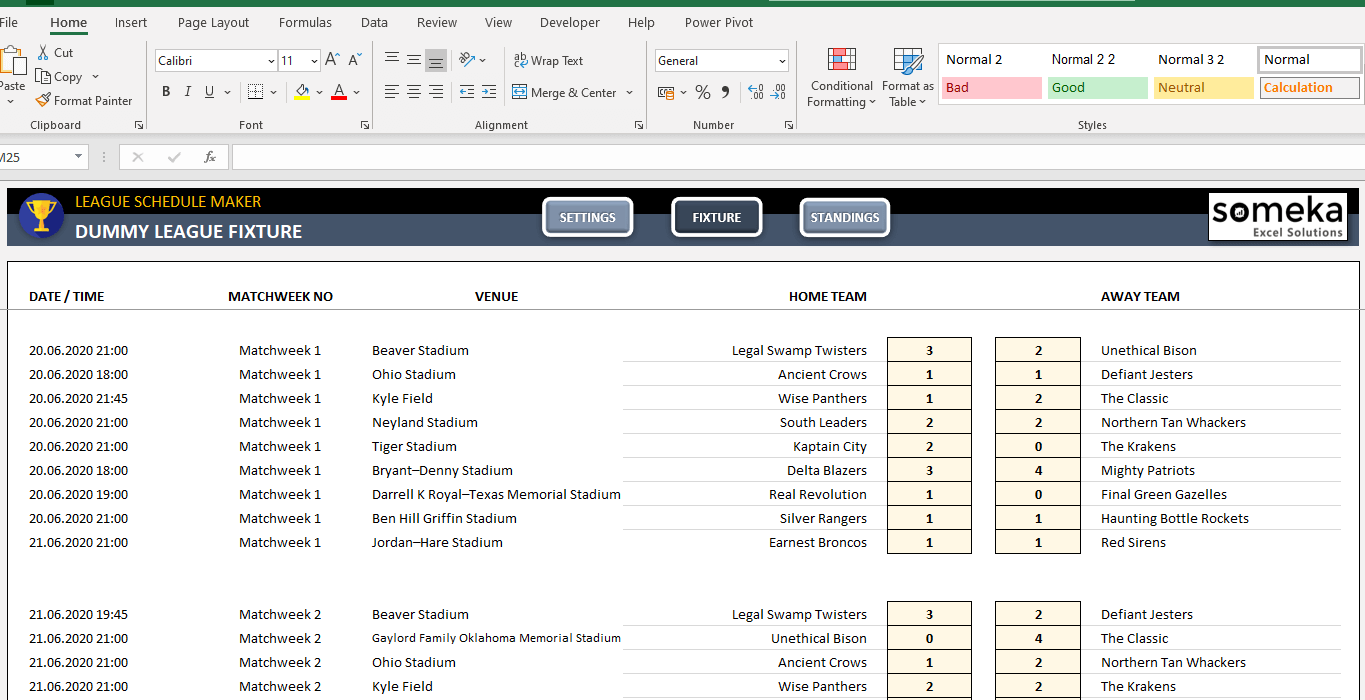 Excel League Schedule Maker | Fixture Generator