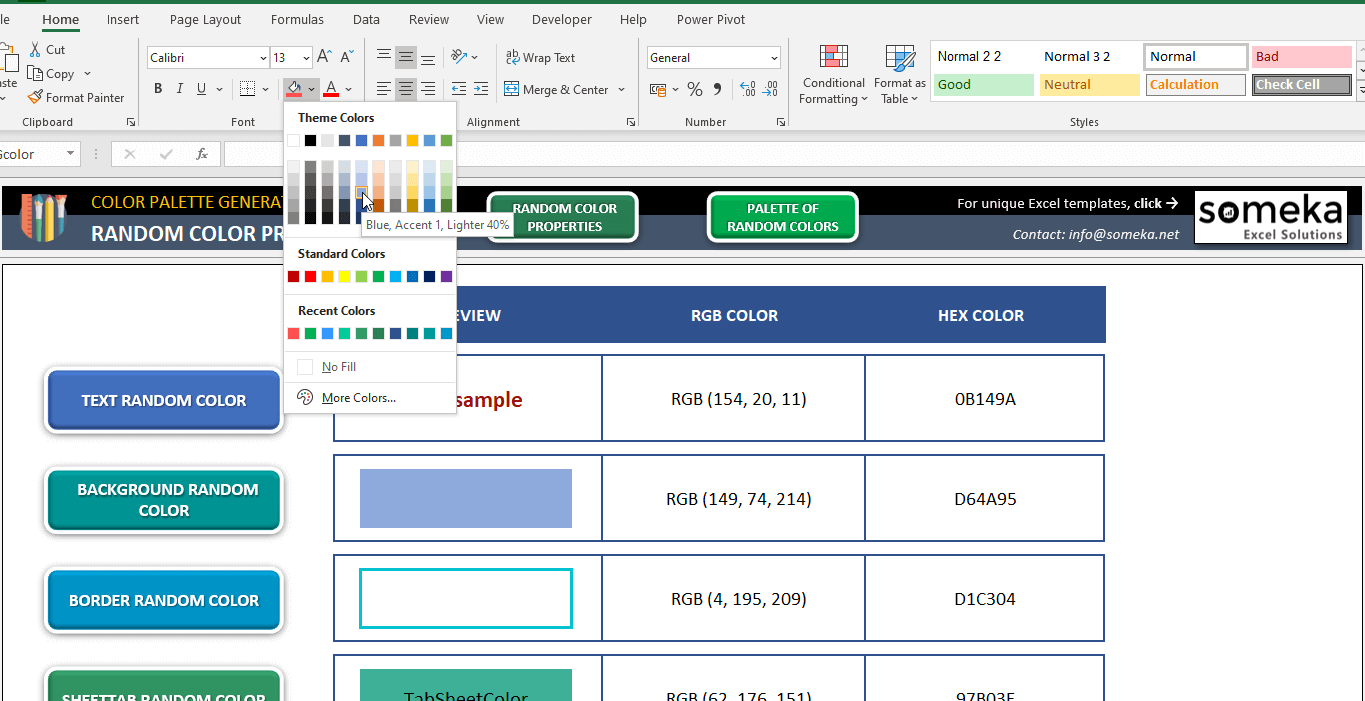 Excel color palette generator random color theme spreadsheet