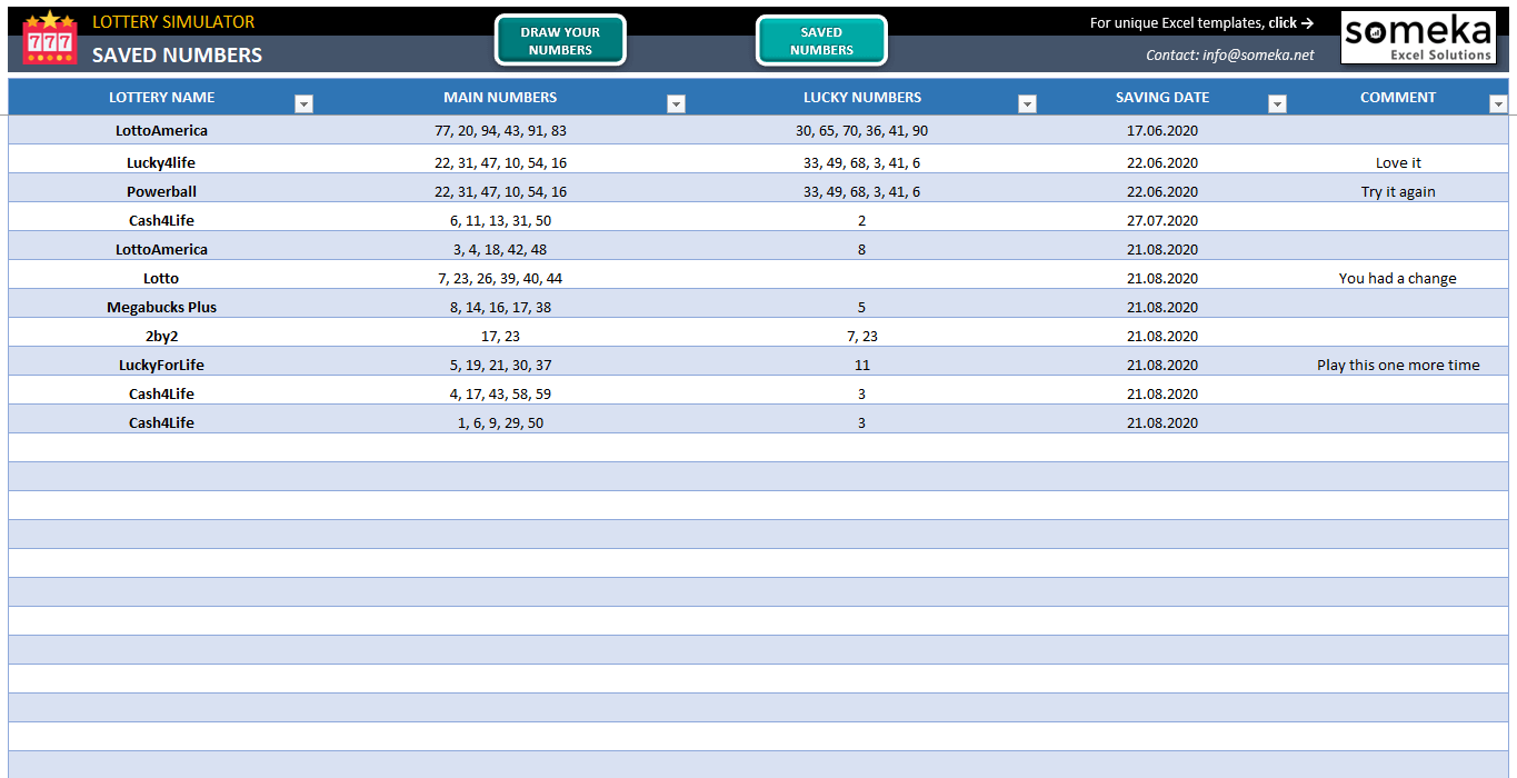Excel Lottery Spreadsheet | Free Download Lottery Simulator Template