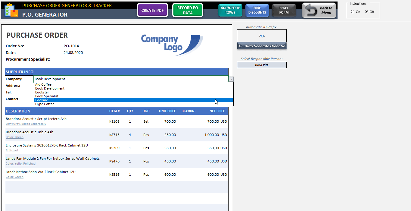 Excel Purchase Order Template Ready To Download Po Generator