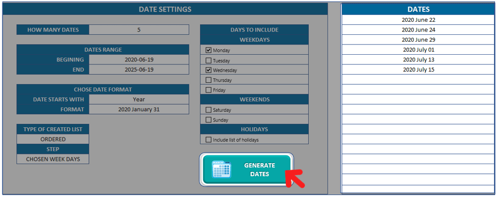 Generate calendar lists with a click