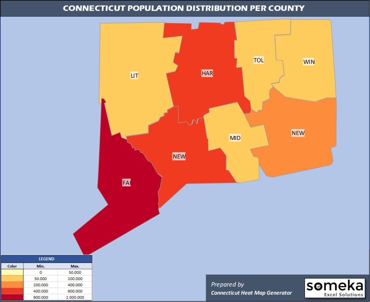 Connecticut County Map and Population List in Excel