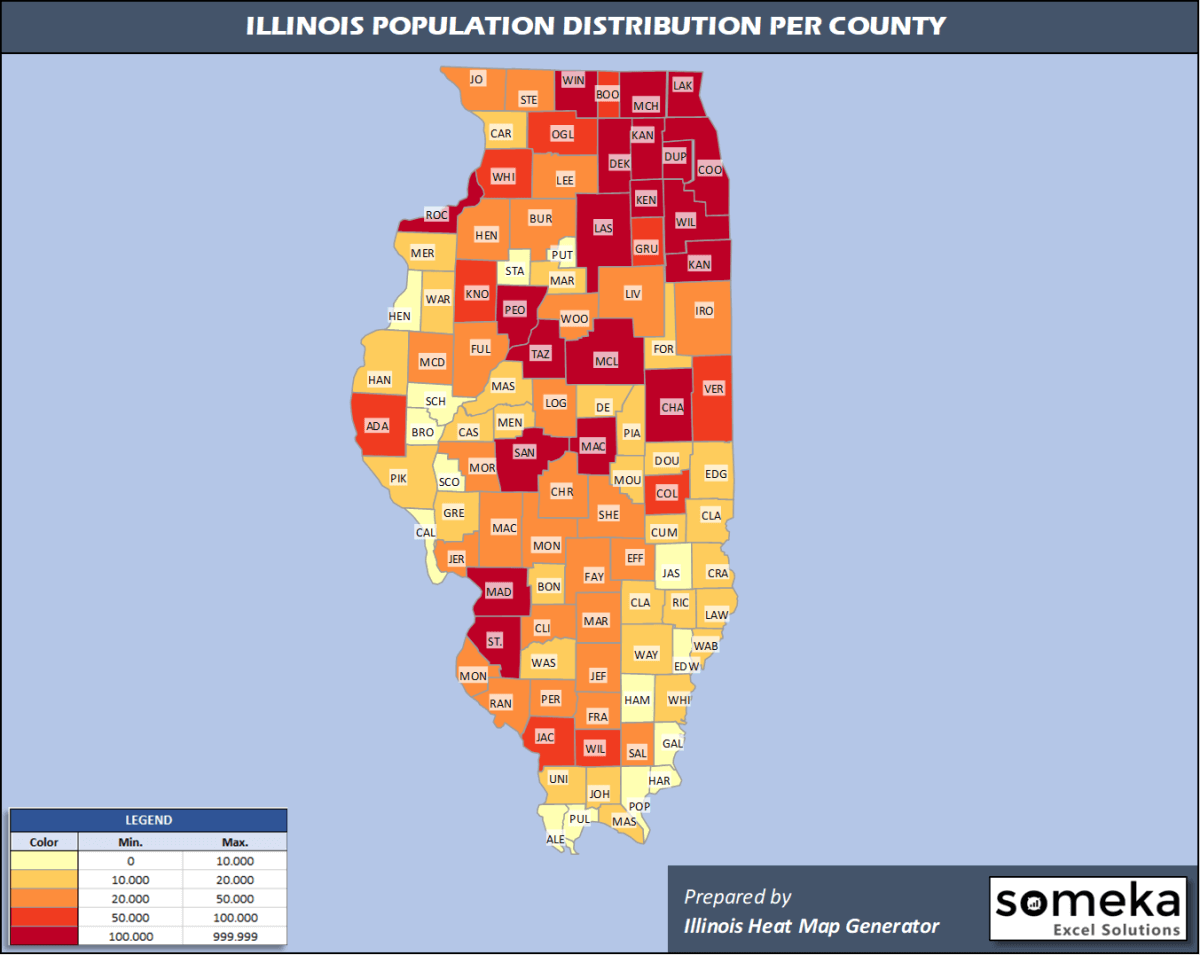 Illinois County Map and Population List in Excel