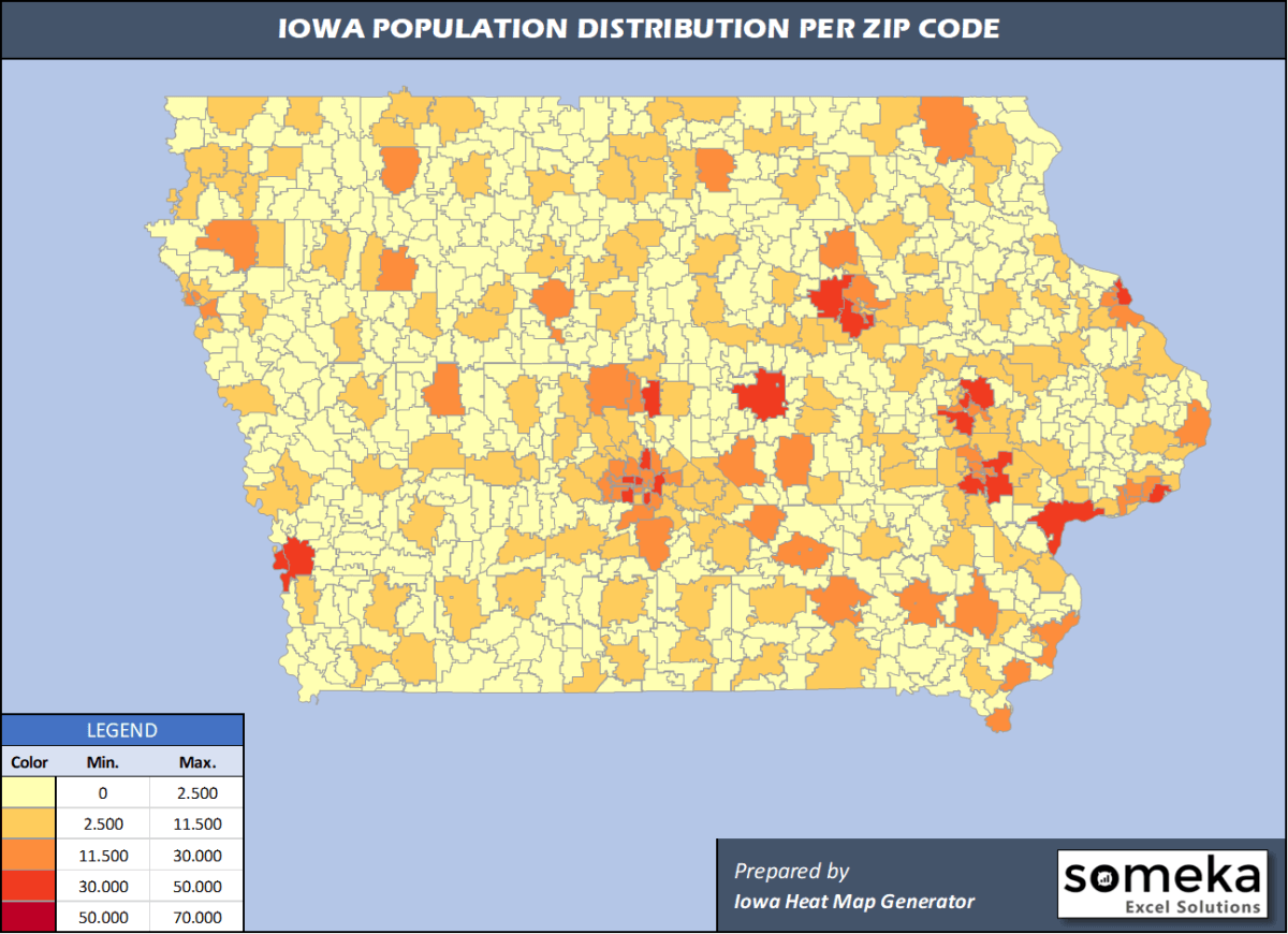 Iowa Zip Code Map and Population List in Excel